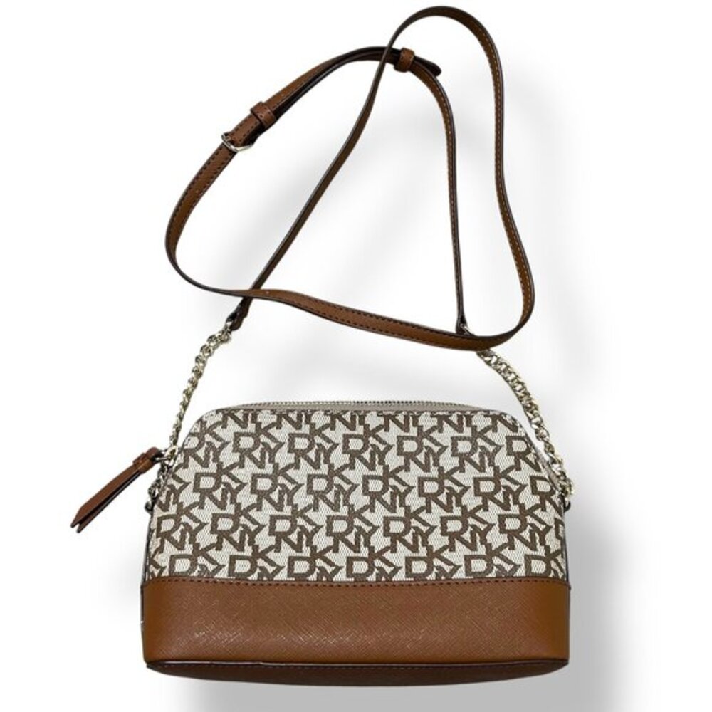DKNY Bryant Park Dome Top Zip Crossbody Bag Purse Monogram Logo Tan Brown